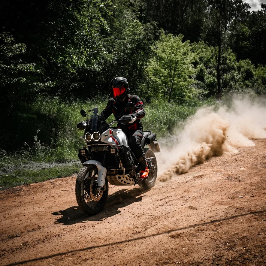 DDXMoto riding a Ducati DesertX through dust on a forest trail