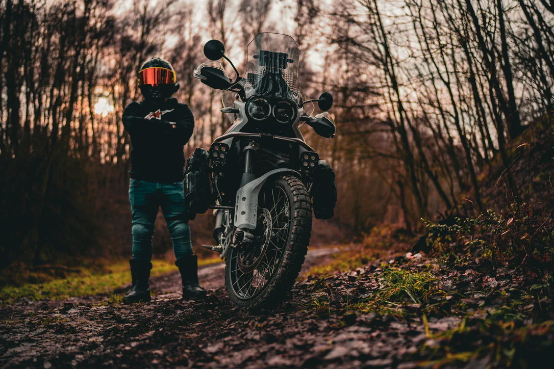 DDXMoto and a Ducati DesertX on a forest trail at sunset