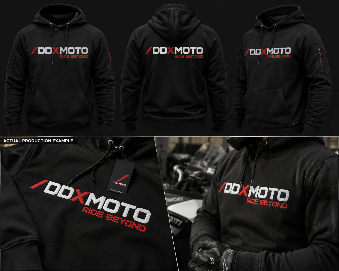 Wizualizacja czarnej bluzy motocyklowej DDXMoto Ride Beyond